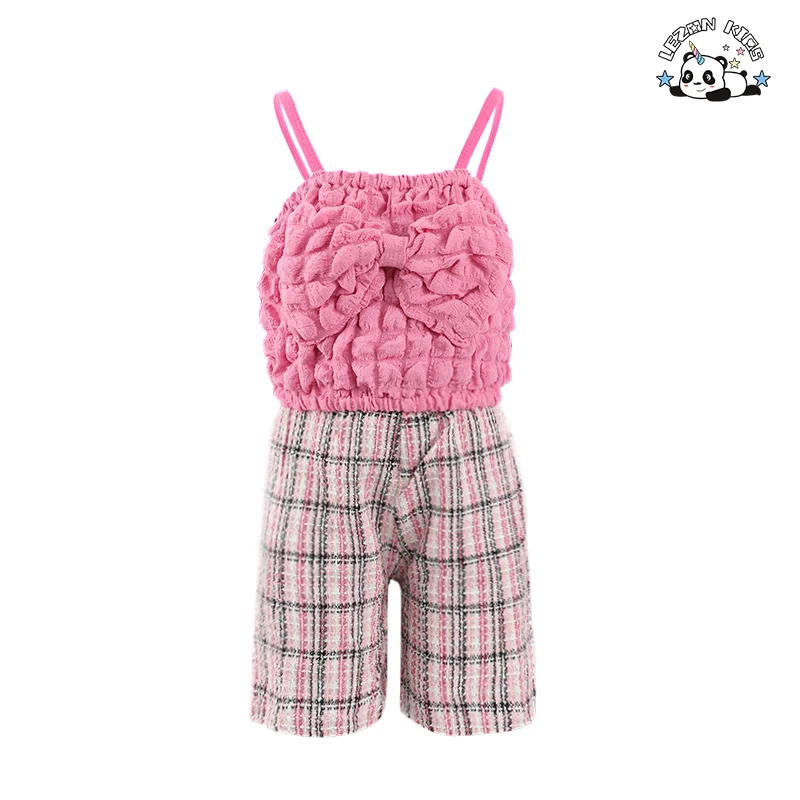 LEZONKIDS - Conjunto de Roupas Femininas Casuais Rosa com Alça de Espaguete e Shorts com Laço, Conjunto de 2 Peças